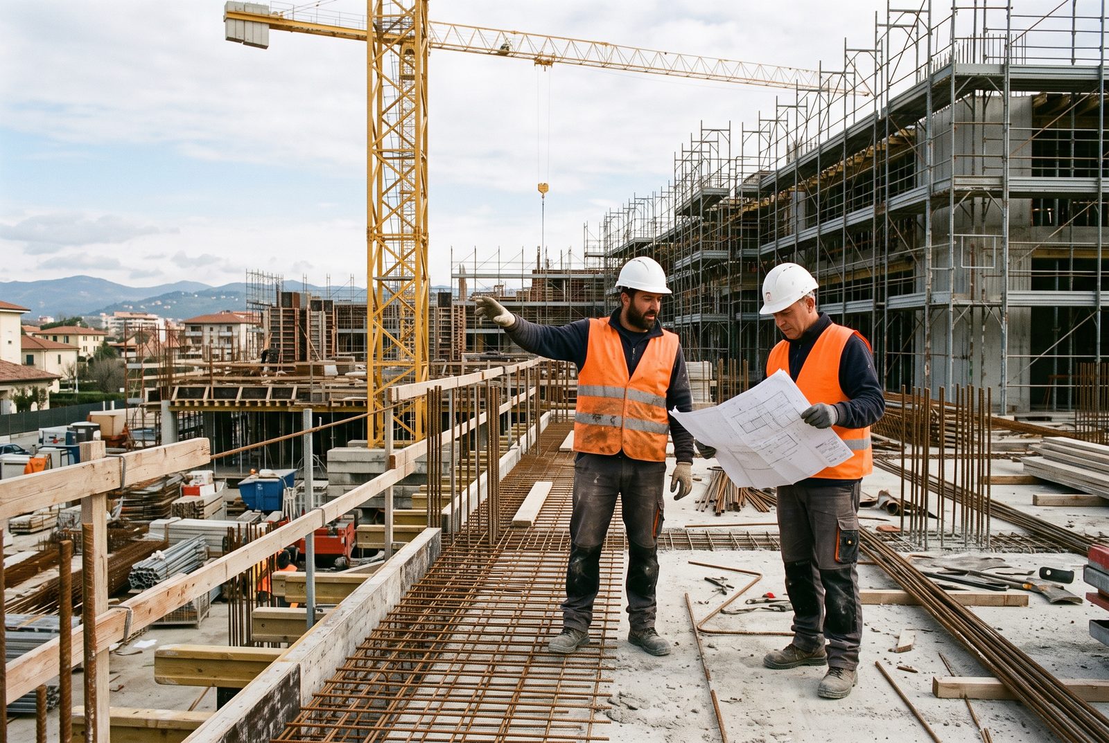 Due operai in un cantiere edile con gru e ponteggi