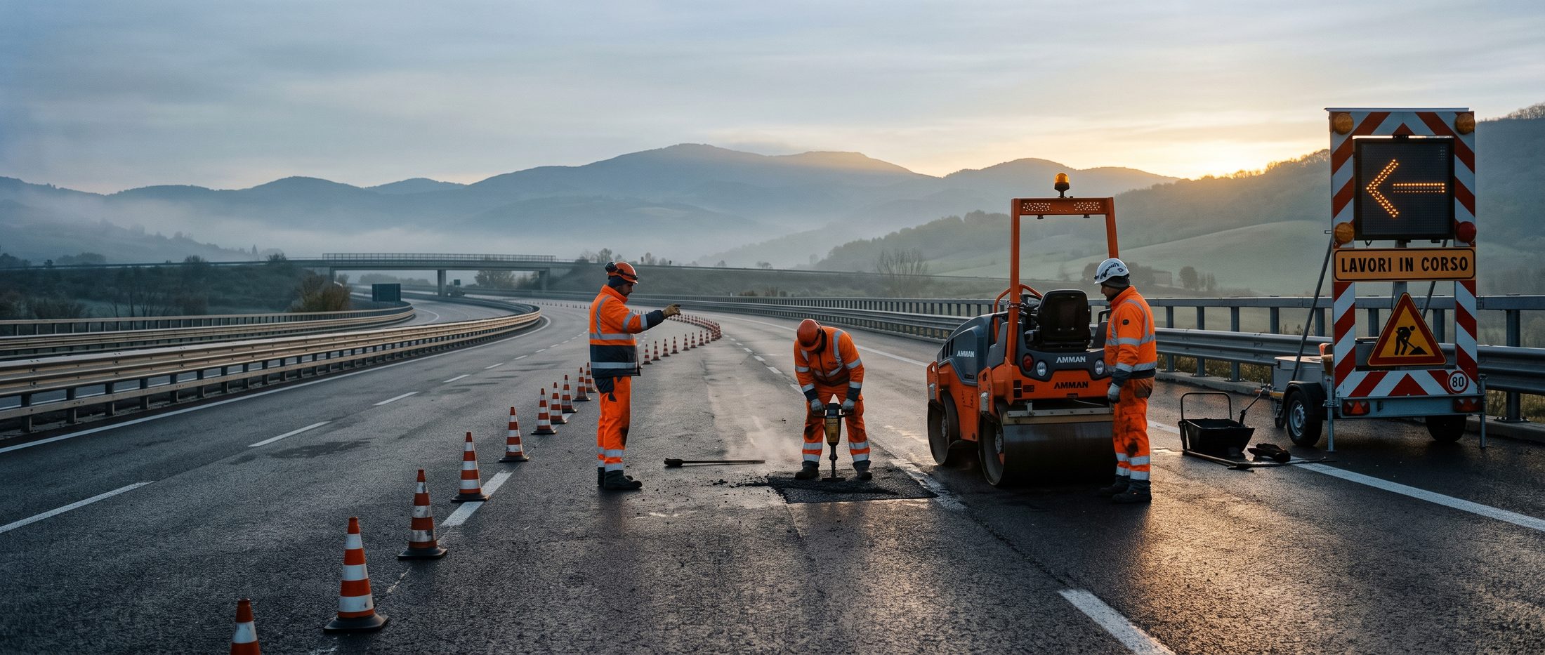 Squadra di manutenzione al lavoro su una carreggiata all'alba