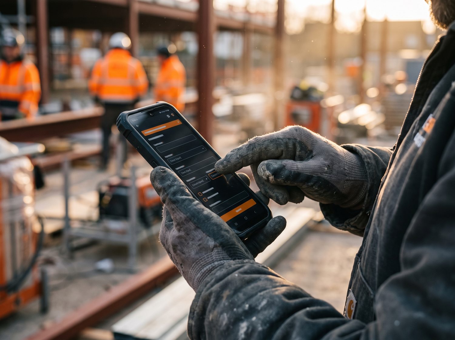 Operaio che compila il rapportino dal telefono con i guanti da lavoro